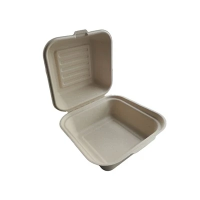 A 6- Zoll biologisch abbaubare Zuckerrohrbagasse-Hamburgerbox, umweltfreundlich, mikrowellensicher, kompostierbar, leicht, langlebig, Lebensmittelqualität, anpassbar, nachhaltig und ideal für die Verpackung zum Mitnehmen.